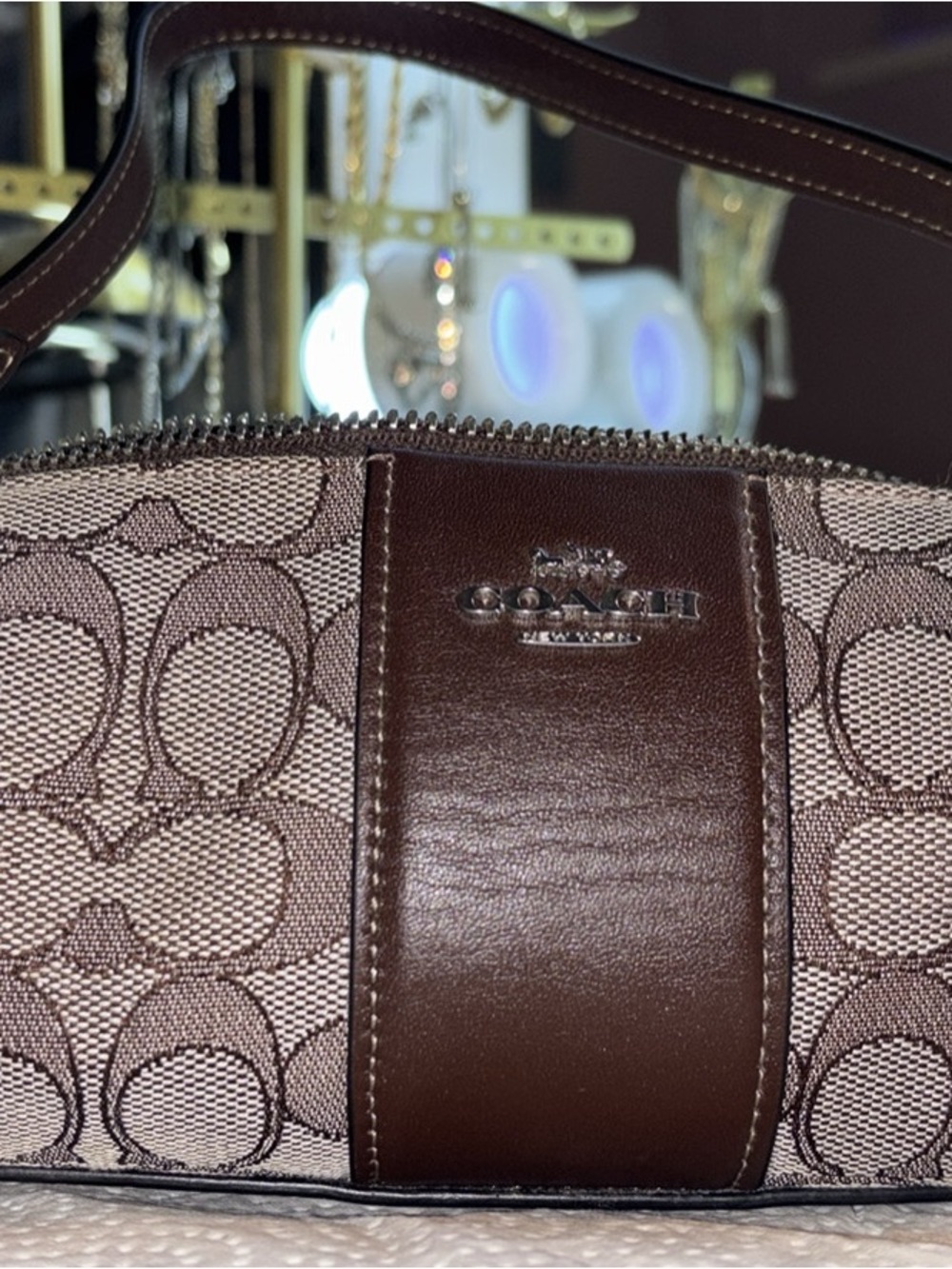 Coach Brown Signature Jacquard Shoulder Bag with Leather Trim
